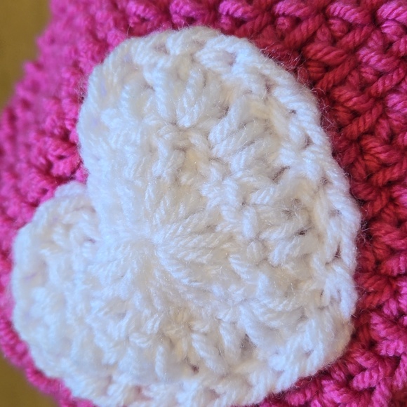 Hand-Knit/Crocheted Adorable Hot Pink with White Heart Beanie - Picture 2 of 7